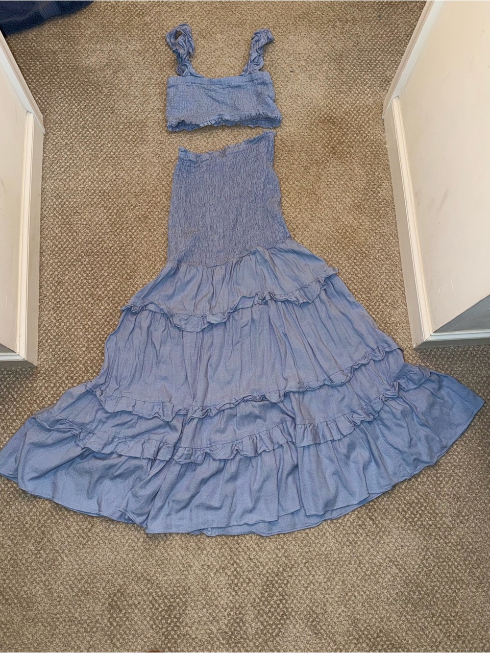 Luxxel Lavender-Blue Tiered Maxi Skirt with Smocked Crop Top